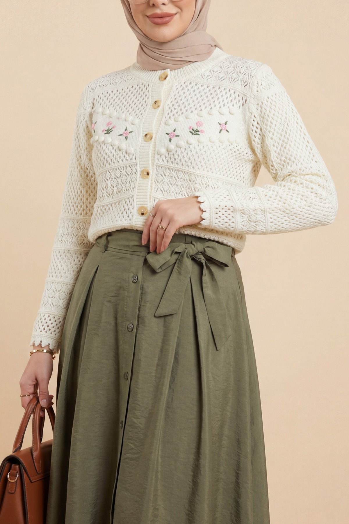Knitted Cardigan with Floral Embroidery, Pom-Pom and Button Closure -Ecru