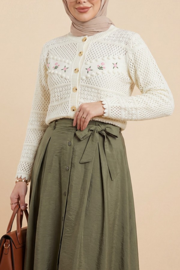 Knitted Cardigan with Floral Embroidery, Pom-Pom and Button Closure -Ecru