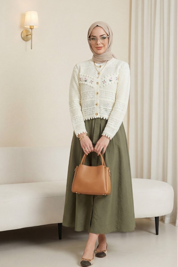 Knitted Cardigan with Floral Embroidery, Pom-Pom and Button Closure -Ecru