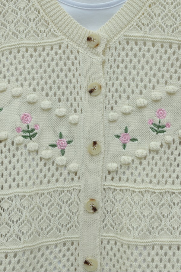 Knitted Cardigan with Floral Embroidery, Pom-Pom and Button Closure -Cream color
