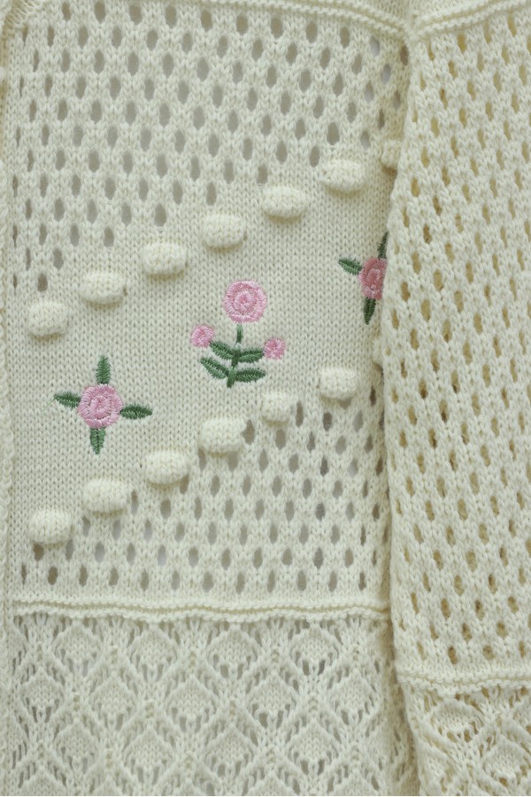 Knitted Cardigan with Floral Embroidery, Pom-Pom and Button Closure -Cream color