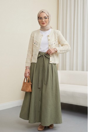 Önü Çiçek Nakışlı Ponponlu Düğmeli Triko Hırka -Krem