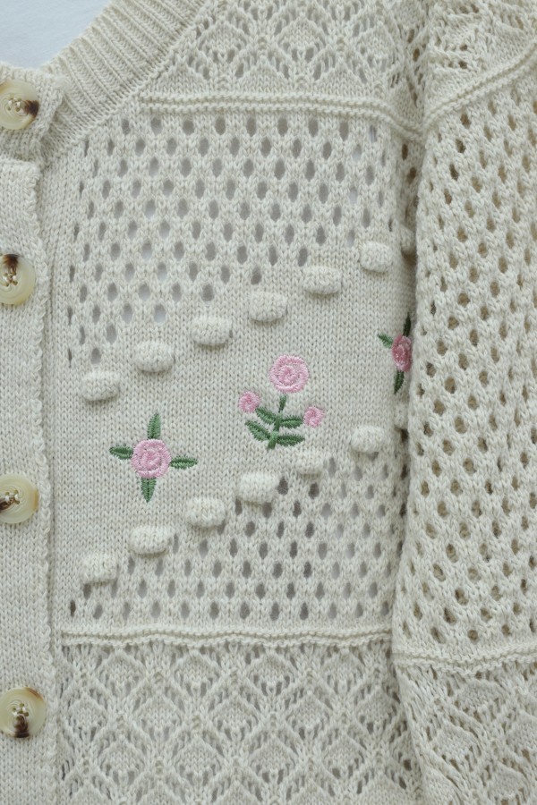 Knitted Cardigan with Floral Embroidery, Pom-Pom and Button Closure -Stone