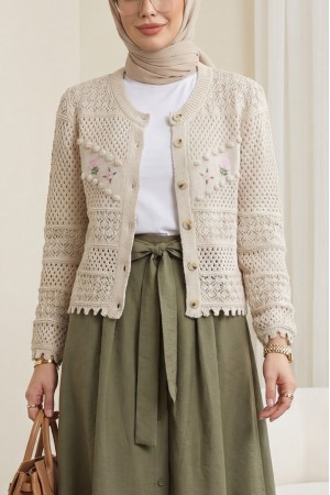 Önü Çiçek Nakışlı Ponponlu Düğmeli Triko Hırka -Taş