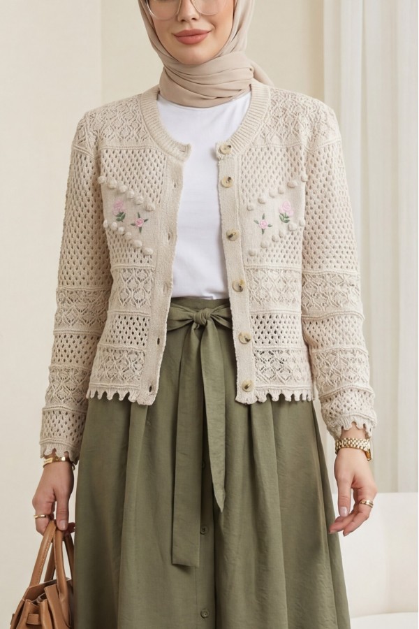 Knitted Cardigan with Floral Embroidery, Pom-Pom and Button Closure -Stone