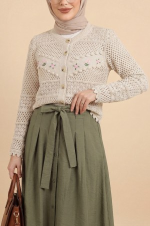 Önü Çiçek Nakışlı Ponponlu Düğmeli Triko Hırka -Taş