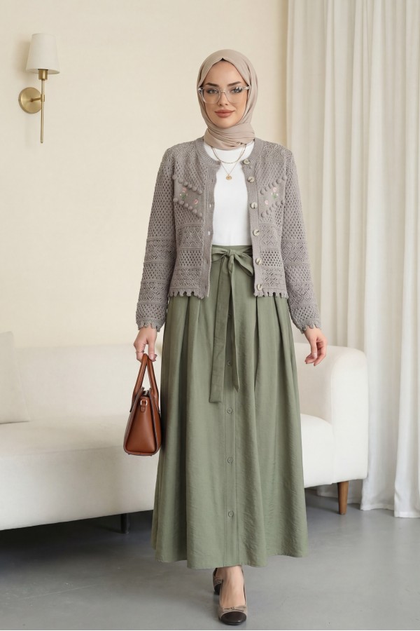 Knitted Cardigan with Floral Embroidery, Pom-Pom and Button Closure - Soil