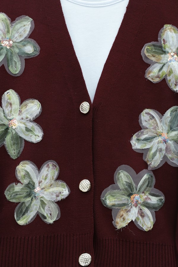 Buttoned knitted cardigan with sequin and floral details on the front. -Maroon