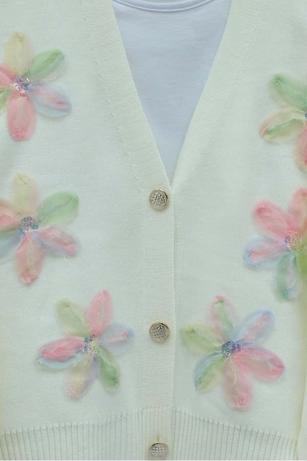 Buttoned knitted cardigan with sequin and floral details on the front. -Ecru