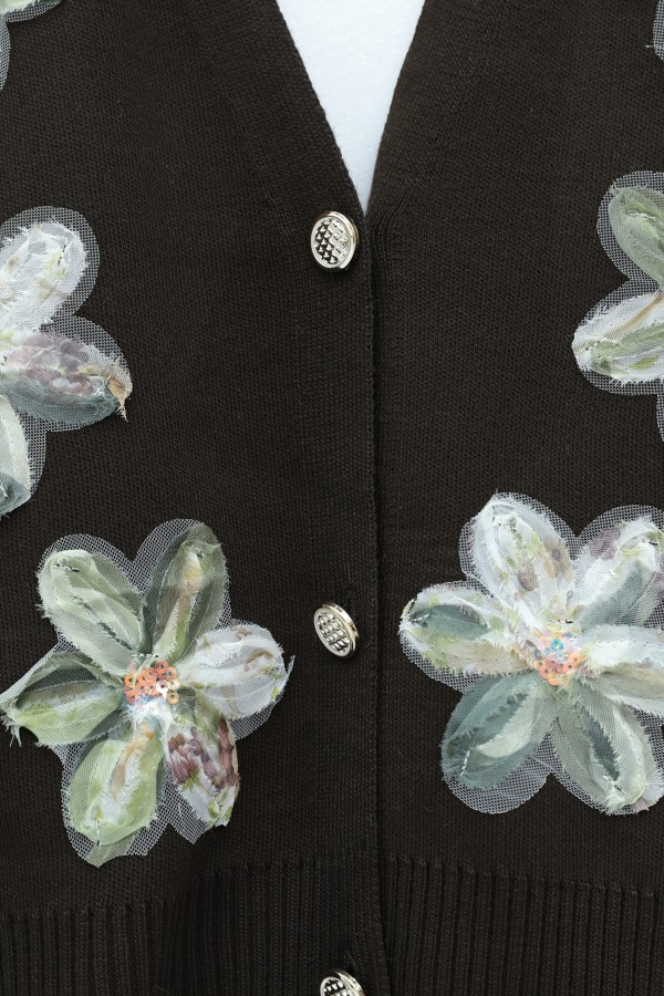 Buttoned knitted cardigan with sequin and floral details on the front. -Brown