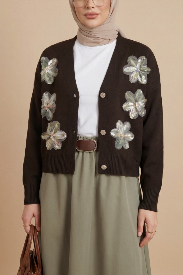 Buttoned knitted cardigan with sequin and floral details on the front. -Brown