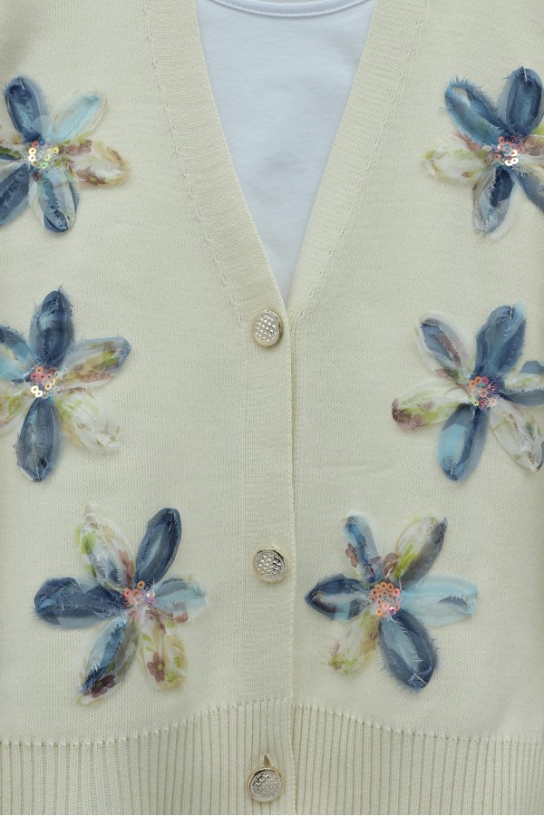 Buttoned knitted cardigan with sequin and floral details on the front. -Cream color