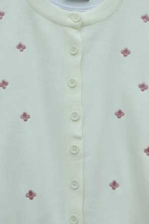 Serpme Çiçek Nakışlı Düğmeli Oversize Triko Hırka -Ekru