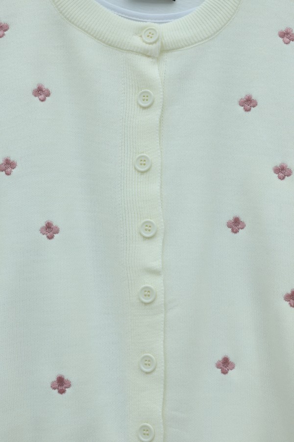 Oversize Knitted Cardigan with Scattered Floral Embroidery and Button Closure -Ecru