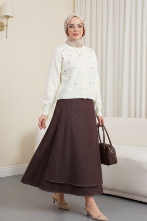 Serpme Çiçek Nakışlı Düğmeli Oversize Triko Hırka -Ekru