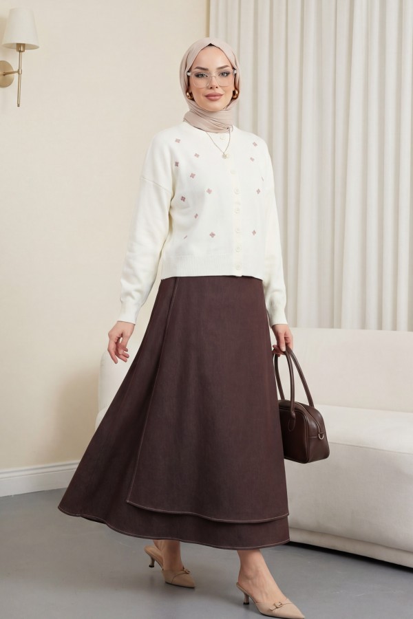 Oversize Knitted Cardigan with Scattered Floral Embroidery and Button Closure -Ecru