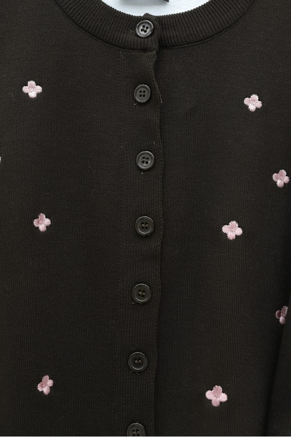 Oversize Knitted Cardigan with Scattered Floral Embroidery and Button Closure -Dark Coffee