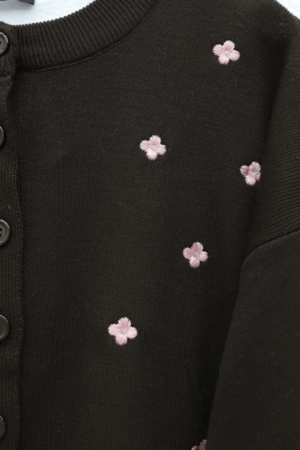 Oversize Knitted Cardigan with Scattered Floral Embroidery and Button Closure -Dark Coffee