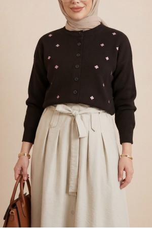 Serpme Çiçek Nakışlı Düğmeli Oversize Triko Hırka -K. Kahve