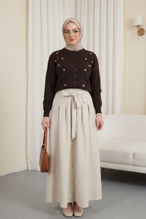 Serpme Çiçek Nakışlı Düğmeli Oversize Triko Hırka -K. Kahve