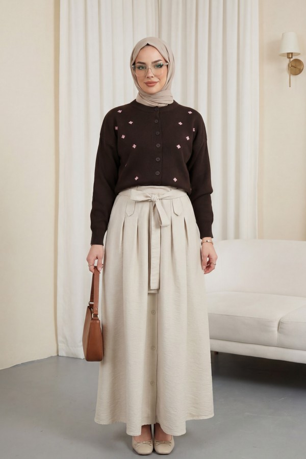 Oversize Knitted Cardigan with Scattered Floral Embroidery and Button Closure -Dark Coffee