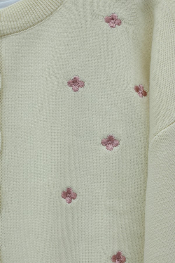 Oversize Knitted Cardigan with Scattered Floral Embroidery and Button Closure -Cream color