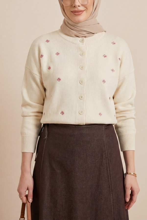 Oversize Knitted Cardigan with Scattered Floral Embroidery and Button Closure -Cream color