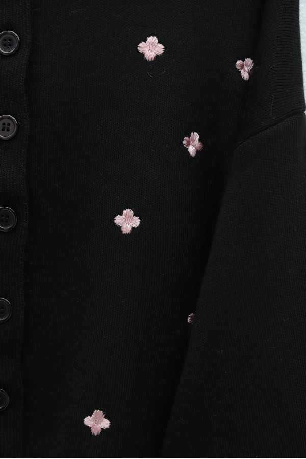 Oversize Knitted Cardigan with Scattered Floral Embroidery and Button Closure -Black
