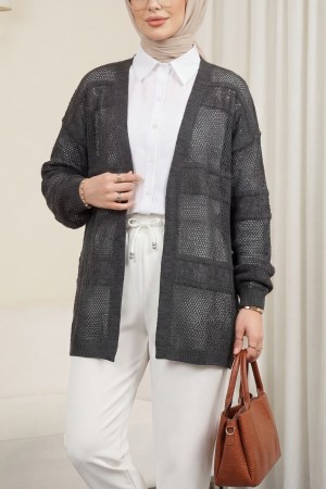 Desenli Ajurlu Triko Hırka -Füme