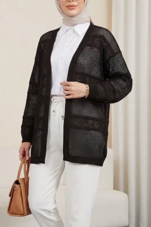 Desenli Ajurlu Triko Hırka -K. Kahve