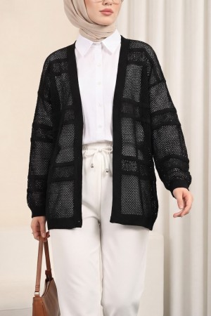 Desenli Ajurlu Triko Hırka -Siyah