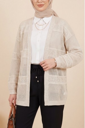 Desenli Ajurlu Triko Hırka -Taş