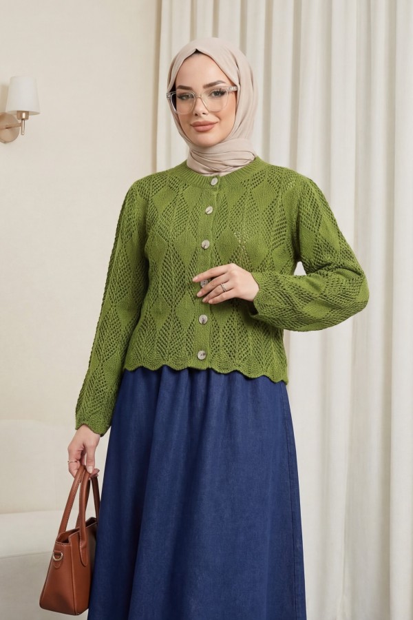 Leaf Patterned Openwork Knit Cardigan -PISTACHIO GREEN