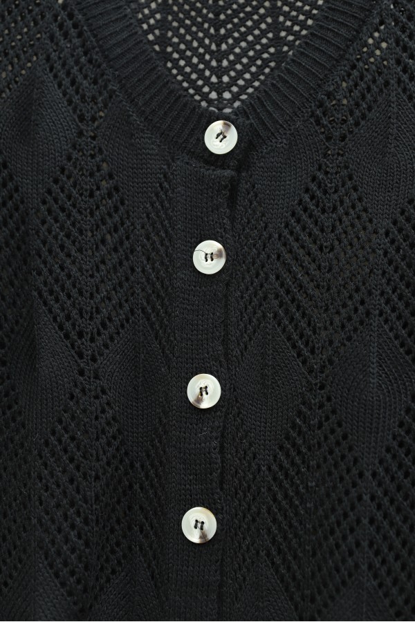 Leaf Patterned Openwork Knit Cardigan -Black