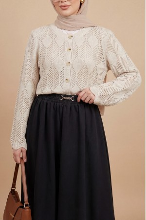 Yaprak Desenli Ajurlu Triko Hırka -Taş