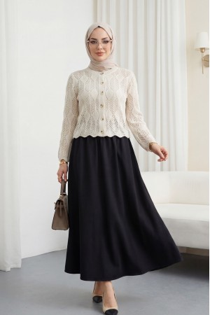 Yaprak Desenli Ajurlu Triko Hırka -Taş