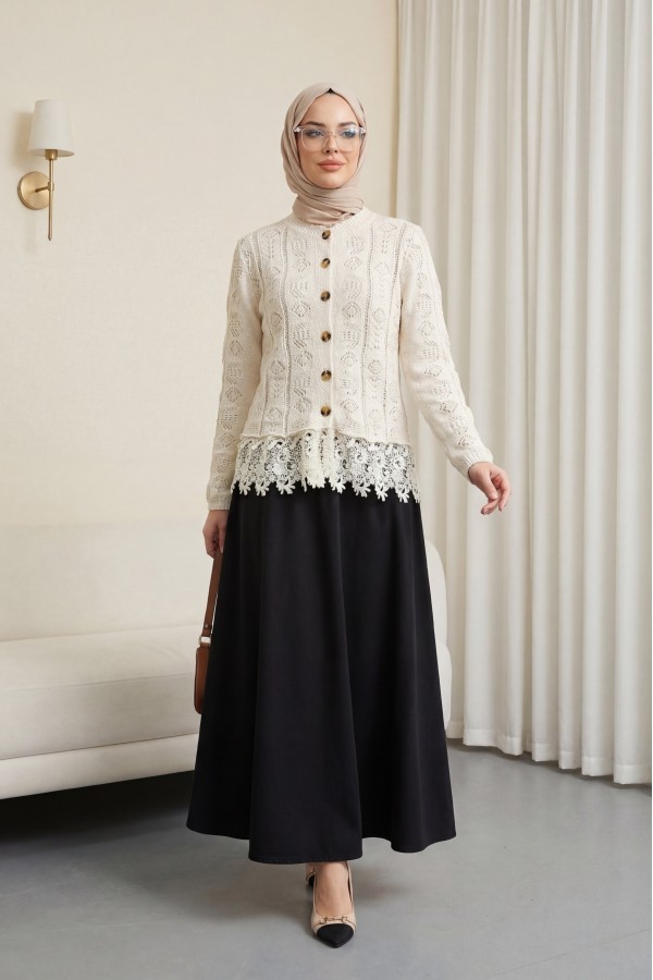 Knitted Cardigan with Lace Trim and Button Closure -Ecru