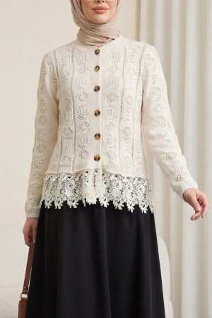 Eteği Dantelli Desenli Düğmeli Triko Hırka -Ekru