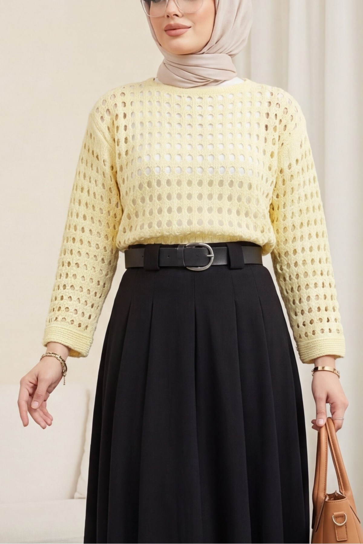 Boat Neck Openwork Knit Sweater  -Light yellow
