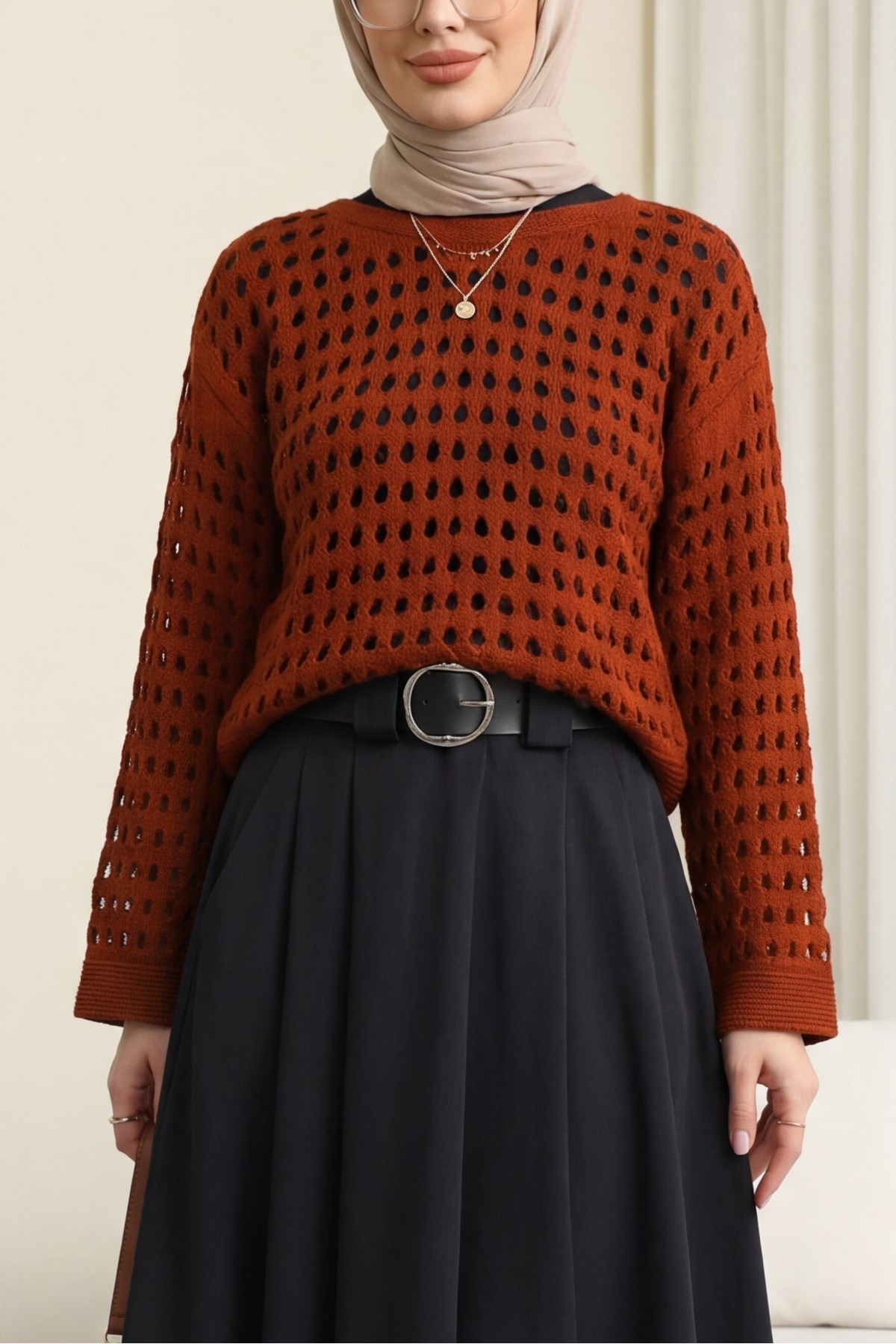 Boat Neck Openwork Knit Sweater  -Brick color