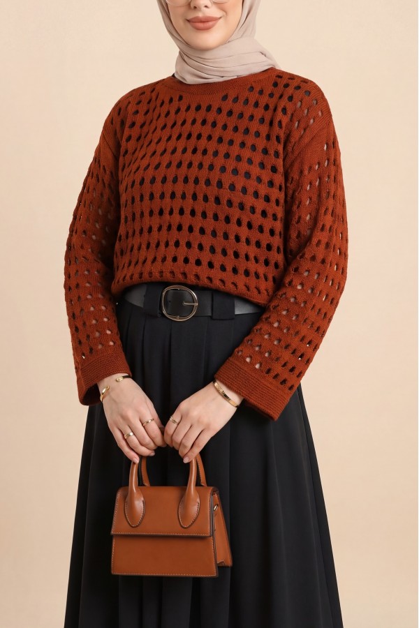 Boat Neck Openwork Knit Sweater  -Brick color