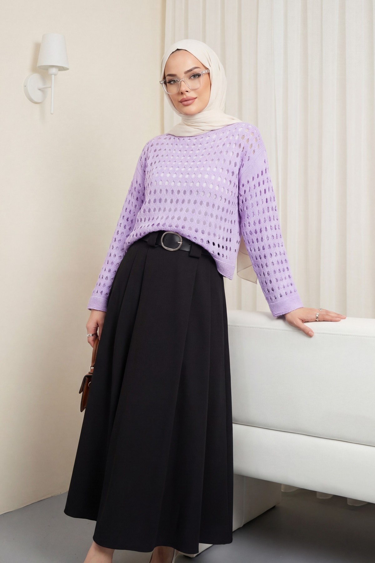 Boat Neck Openwork Knit Sweater  -Lilac