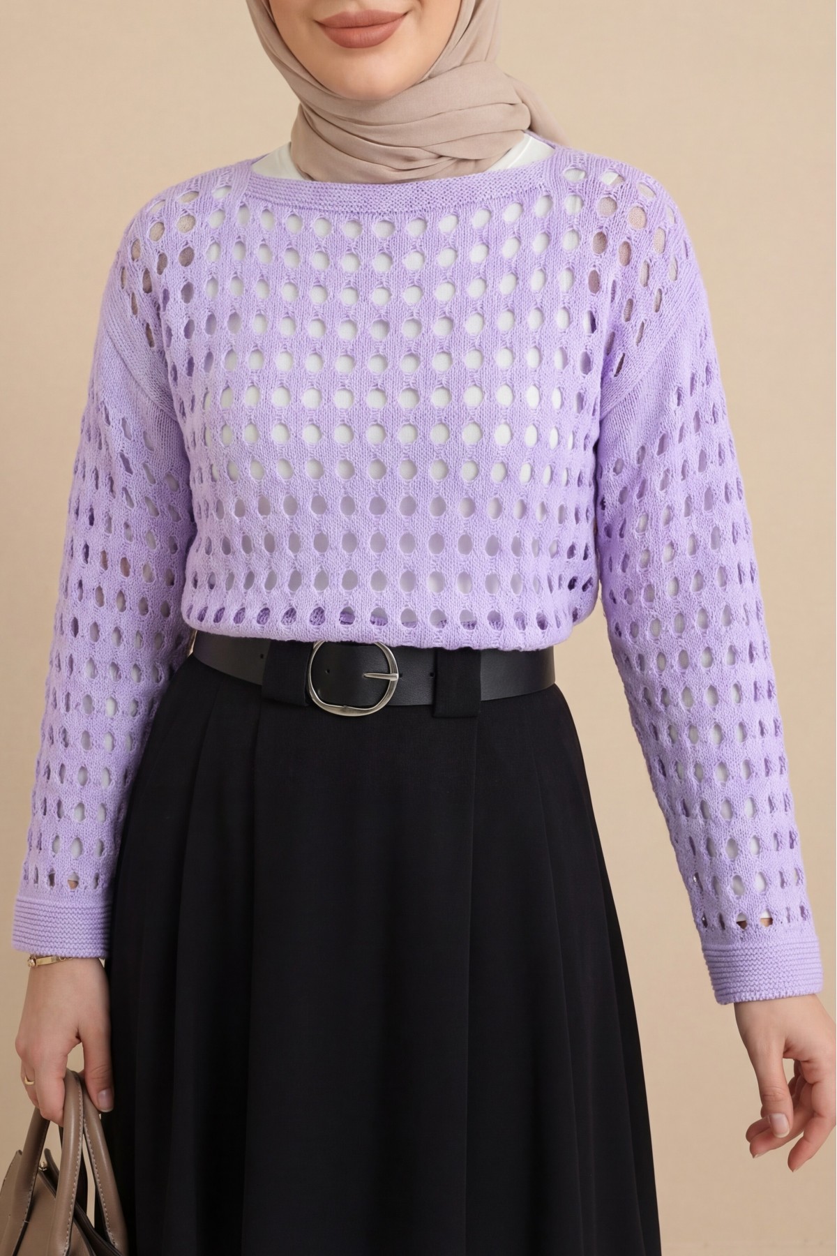 Boat Neck Openwork Knit Sweater  -Lilac