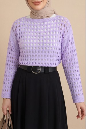 Kayık Yaka Ajurlu Triko Kazak  -Lila