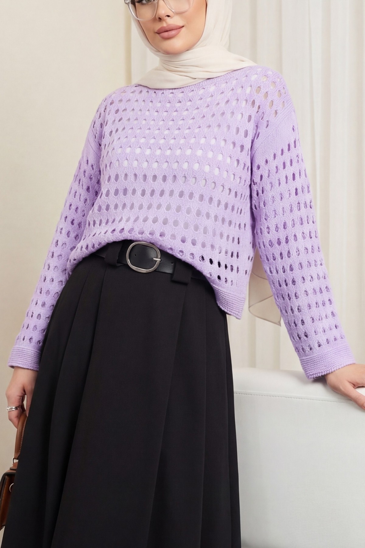 Boat Neck Openwork Knit Sweater  -Lilac