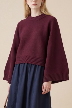 Yarım Boğazlı Yarasa Kol Etek Üstü Triko Kazak -Bordo