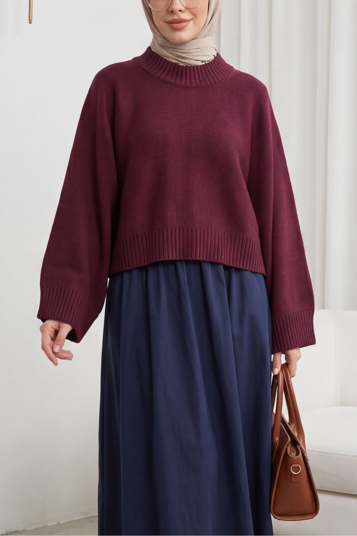 Half-Neck Batwing Sleeve Knitted Sweater for Skirt -Maroon