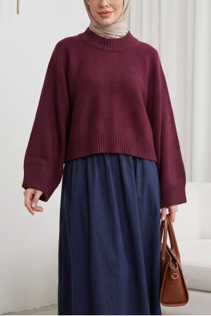 Yarım Boğazlı Yarasa Kol Etek Üstü Triko Kazak -Bordo