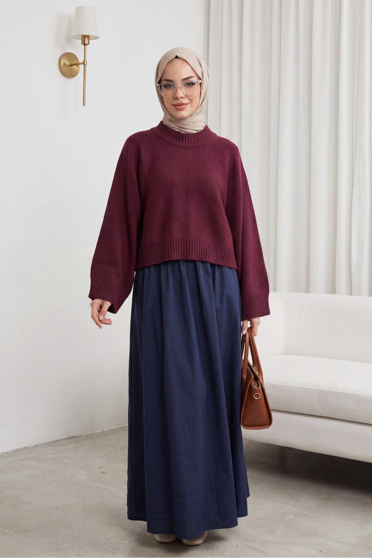 Half-Neck Batwing Sleeve Knitted Sweater for Skirt -Maroon