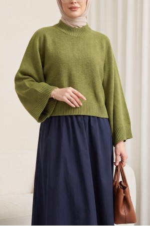 Yarım Boğazlı Yarasa Kol Etek Üstü Triko Kazak -F.Yeşili